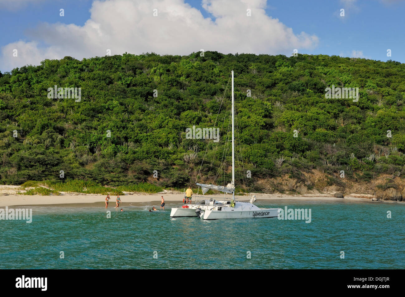 Catamaran with tourists in front of Buck Island near St. Croix, US Virgin Islands, USA Stock Photo