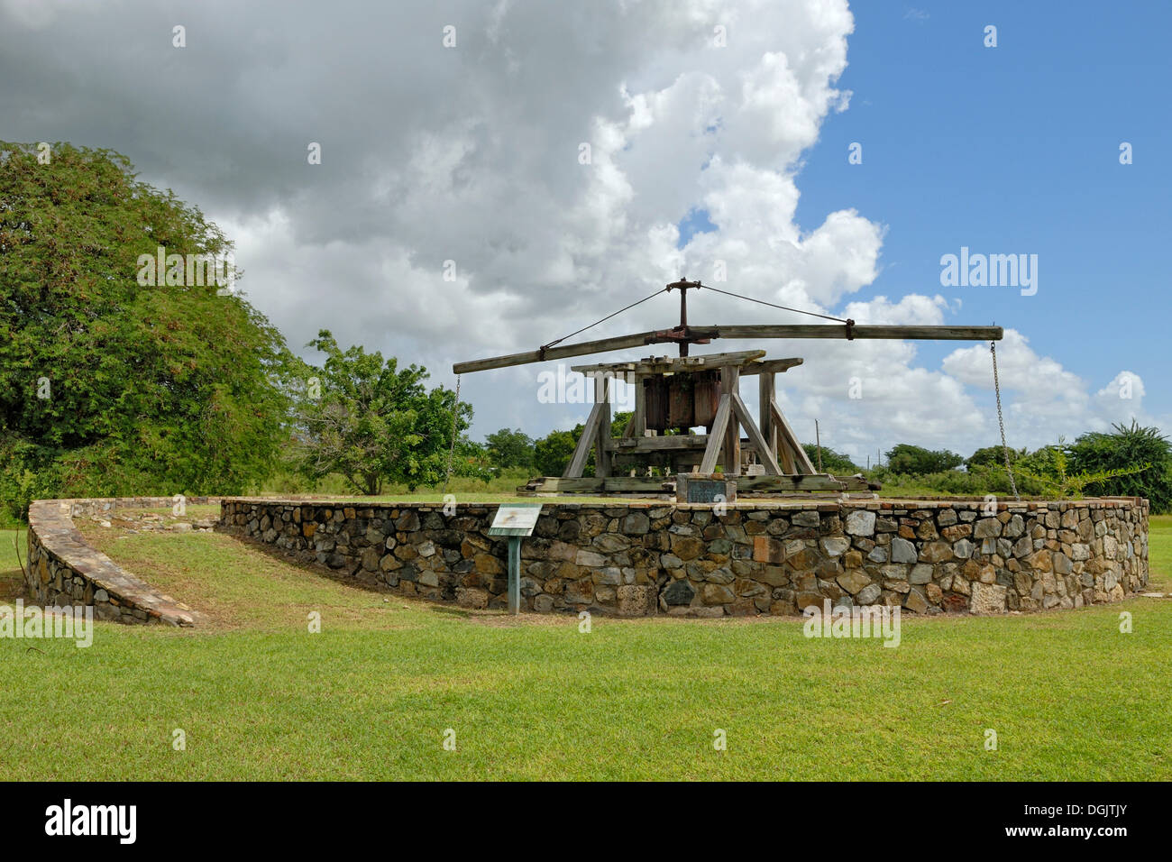 Historical sugar cane press operated by draft animals, Whim Estate, island of St. Croix, U.S. Virgin Islands, USA Stock Photo