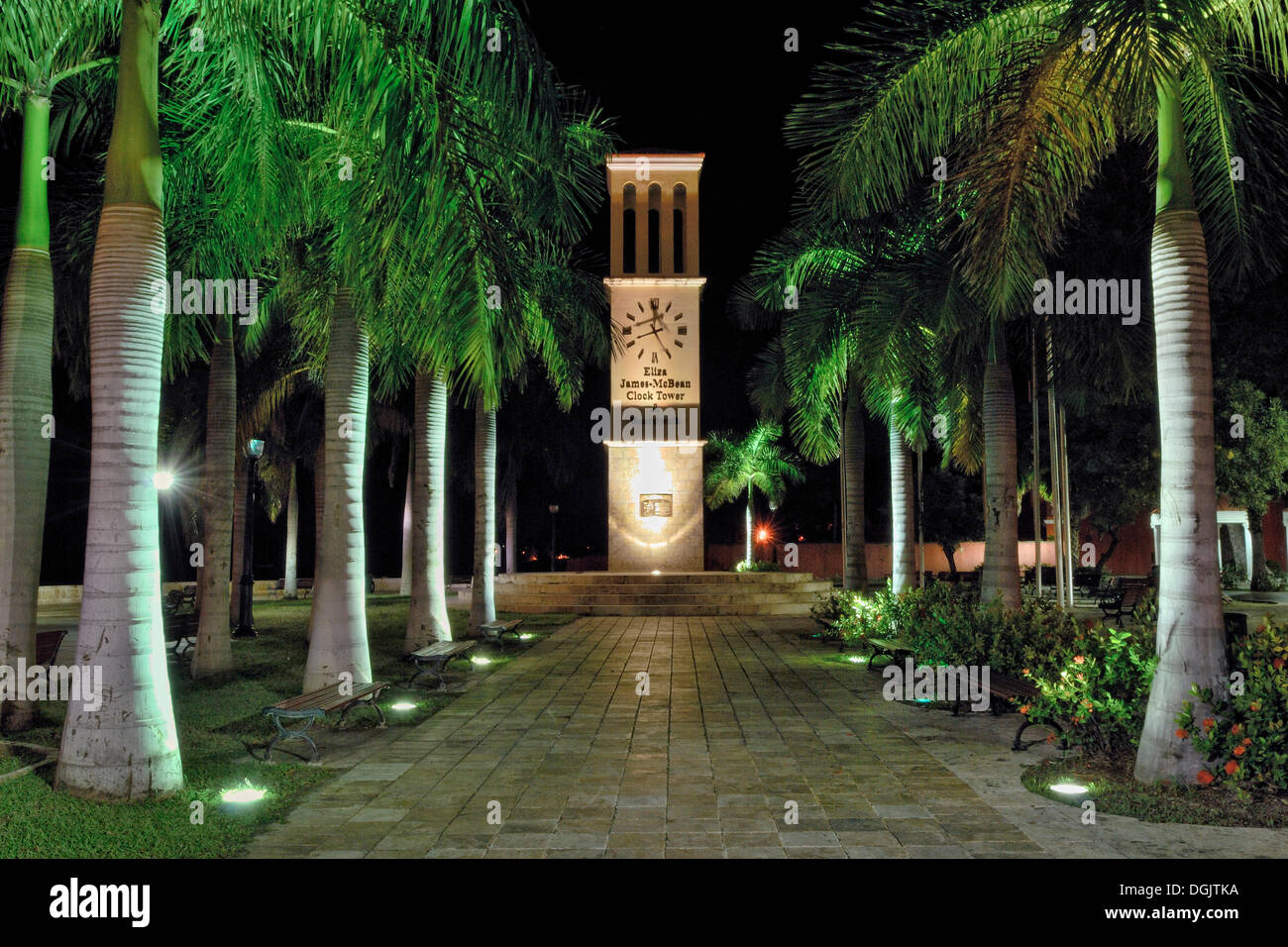 McBean Clock Tower with nocturnal illumination, Frederiksted, St. Croix island, U.S. Virgin Islands, United States Stock Photo