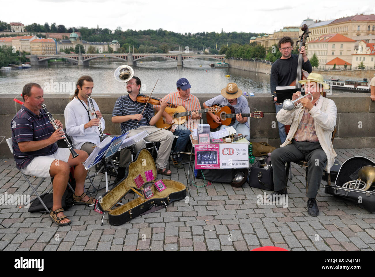 Buskers on Charles Bridge, Prague, Czech Republic, Europe Stock Photo