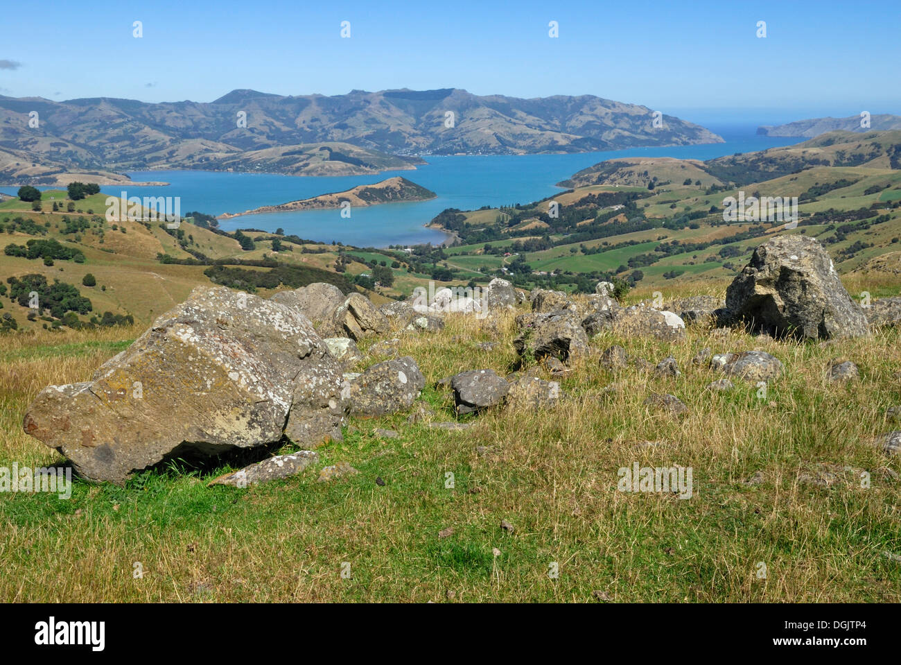 View towards Akaroa Head and Akaroa Harbour from the Pioneers of the Peninsula Trail, Banks Peninsula in Christchurch Stock Photo