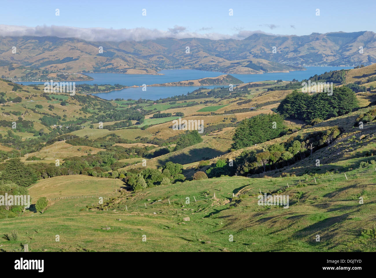 View of Akaroa Harbour from Hilltop, Banks Peninsula near Christchurch, South Island, New Zealand Stock Photo