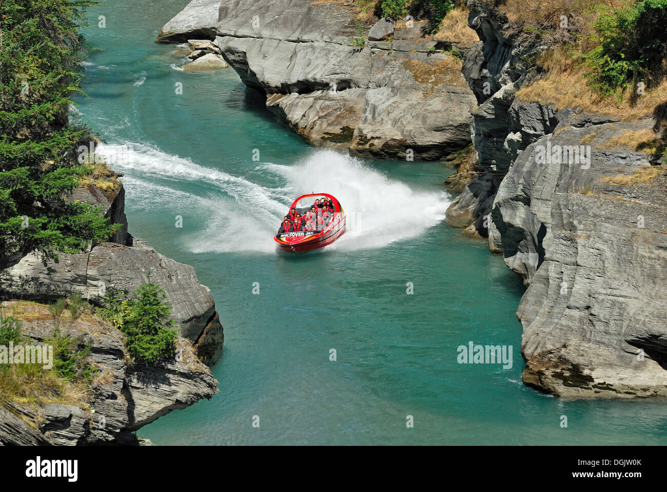 Jet boat, speed boat on Shotover River, Queenstown, South Island, New Zealand Stock Photo