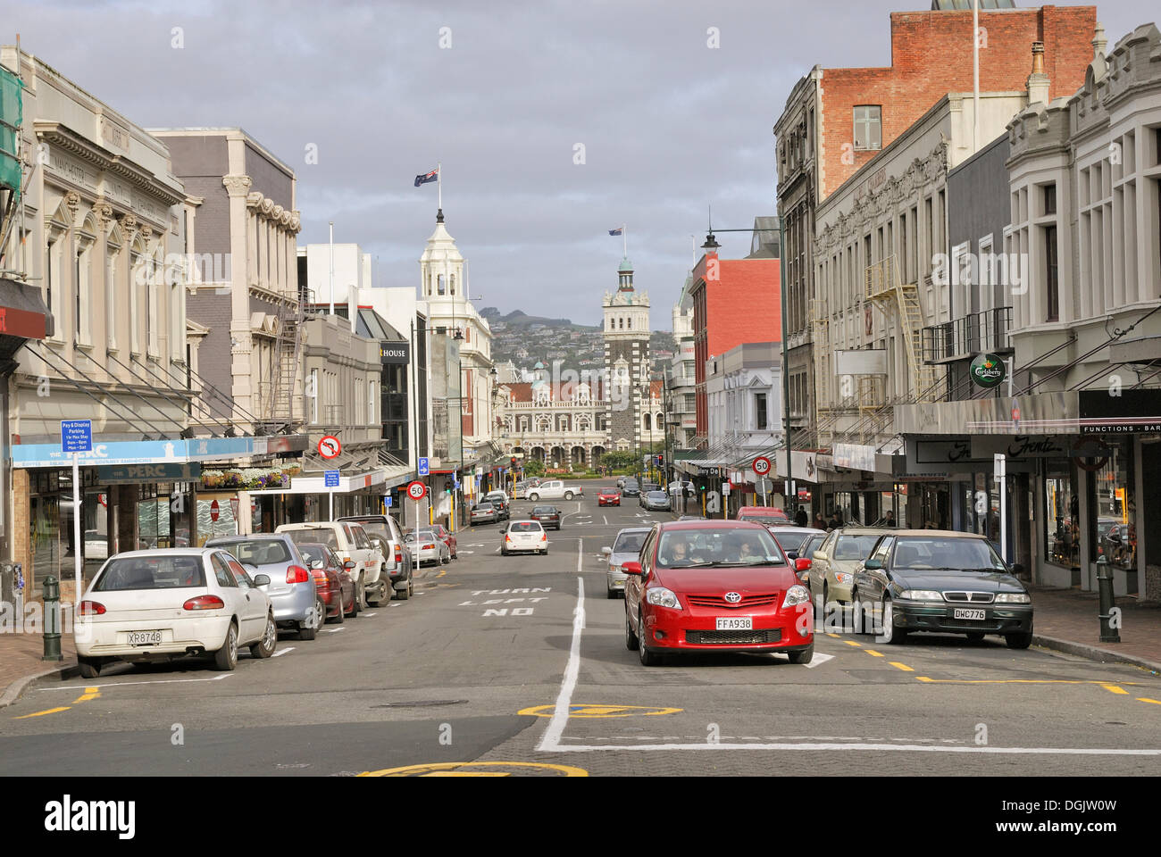 Stuart Street, behind the historic railway station, Dunedin, South Island, New Zealand Stock Photo