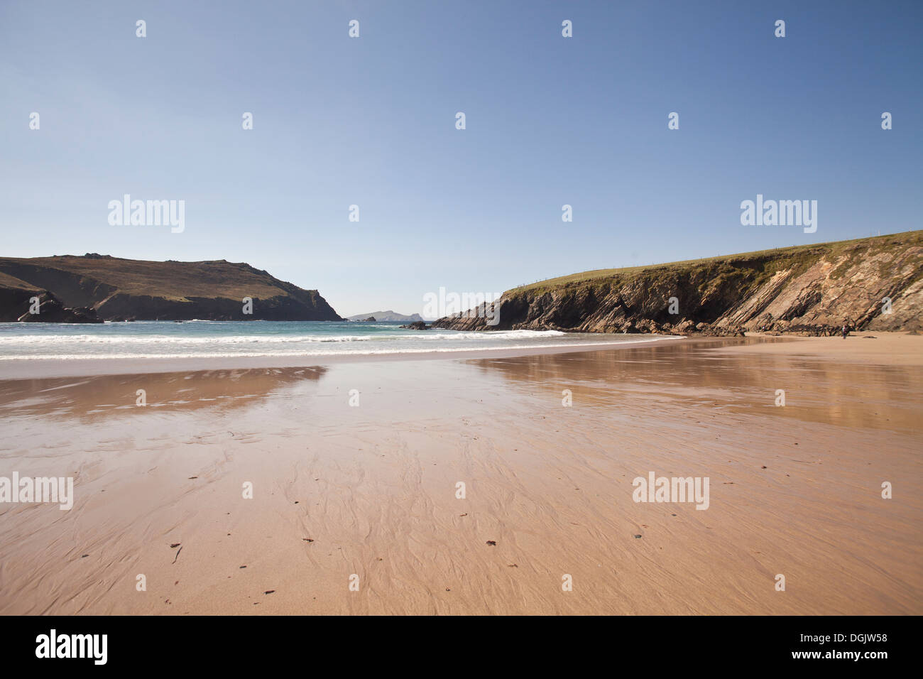 Clogher Strand a fine beach on the Dingle Peninsular Co. Kerry Ireland with a Blasket island in the distance Stock Photo