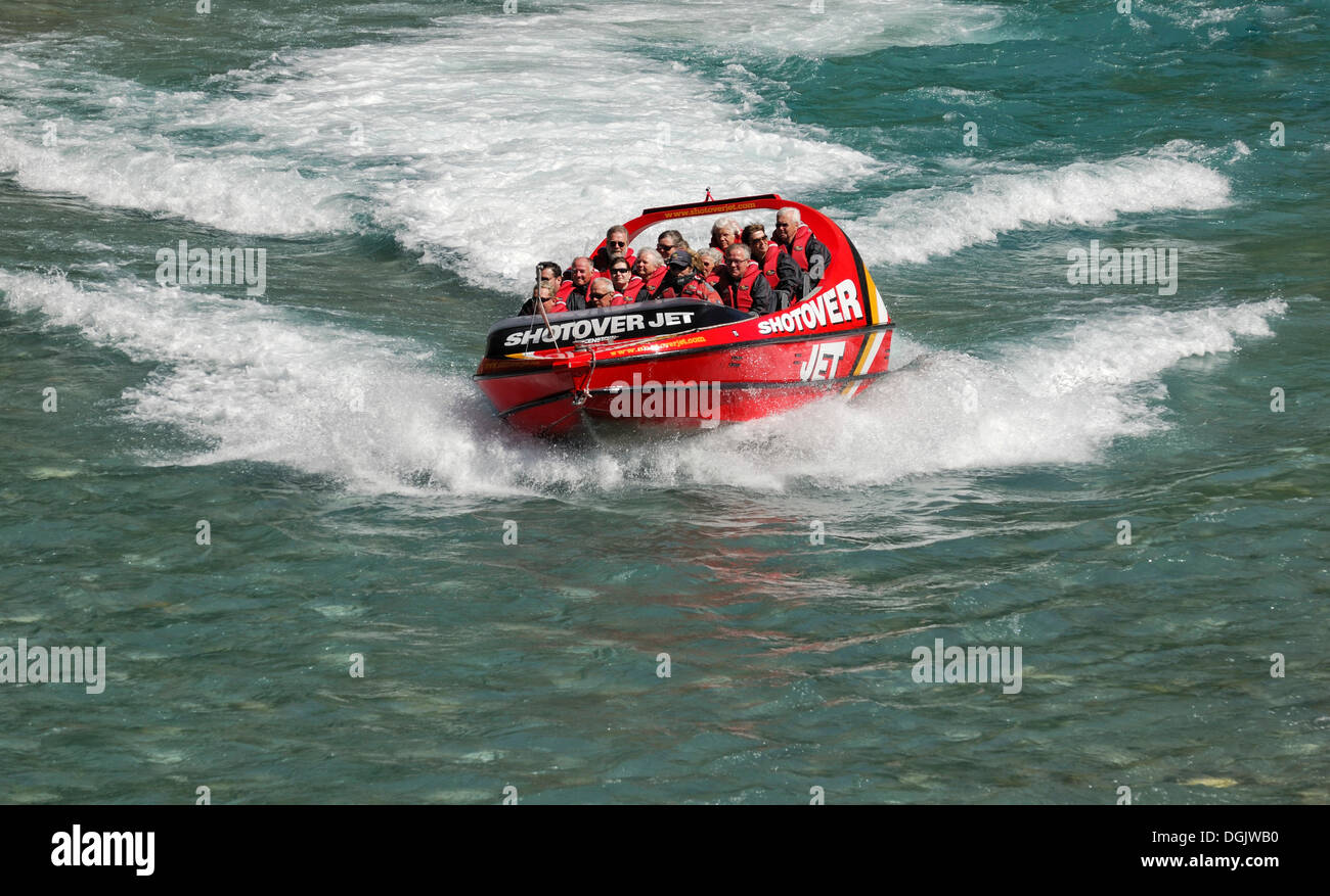 Jet boat, speed boat on the Shotover River, Queenstown, South Island, New Zealand Stock Photo
