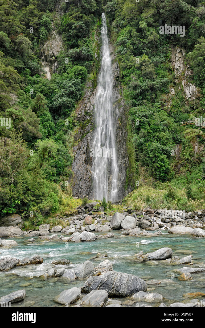 Thunder Creek Falls, Highway 6, South Island, New Zealand Stock Photo