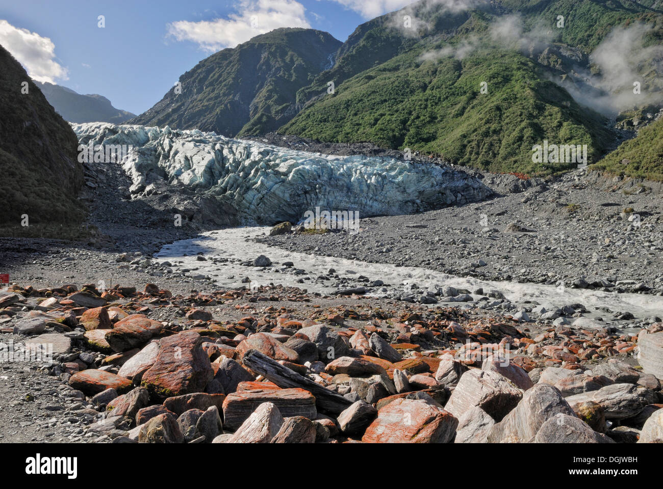 Moraine and glacial stream of Fox Glacier, Westland National Park, South Island, New Zealand Stock Photo