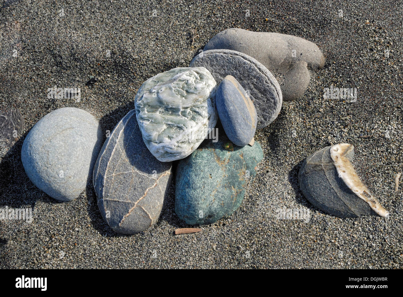 Different types of pebbles, Hokitika Beach, Tasman Sea, West Coast, South Island, New Zealand Stock Photo