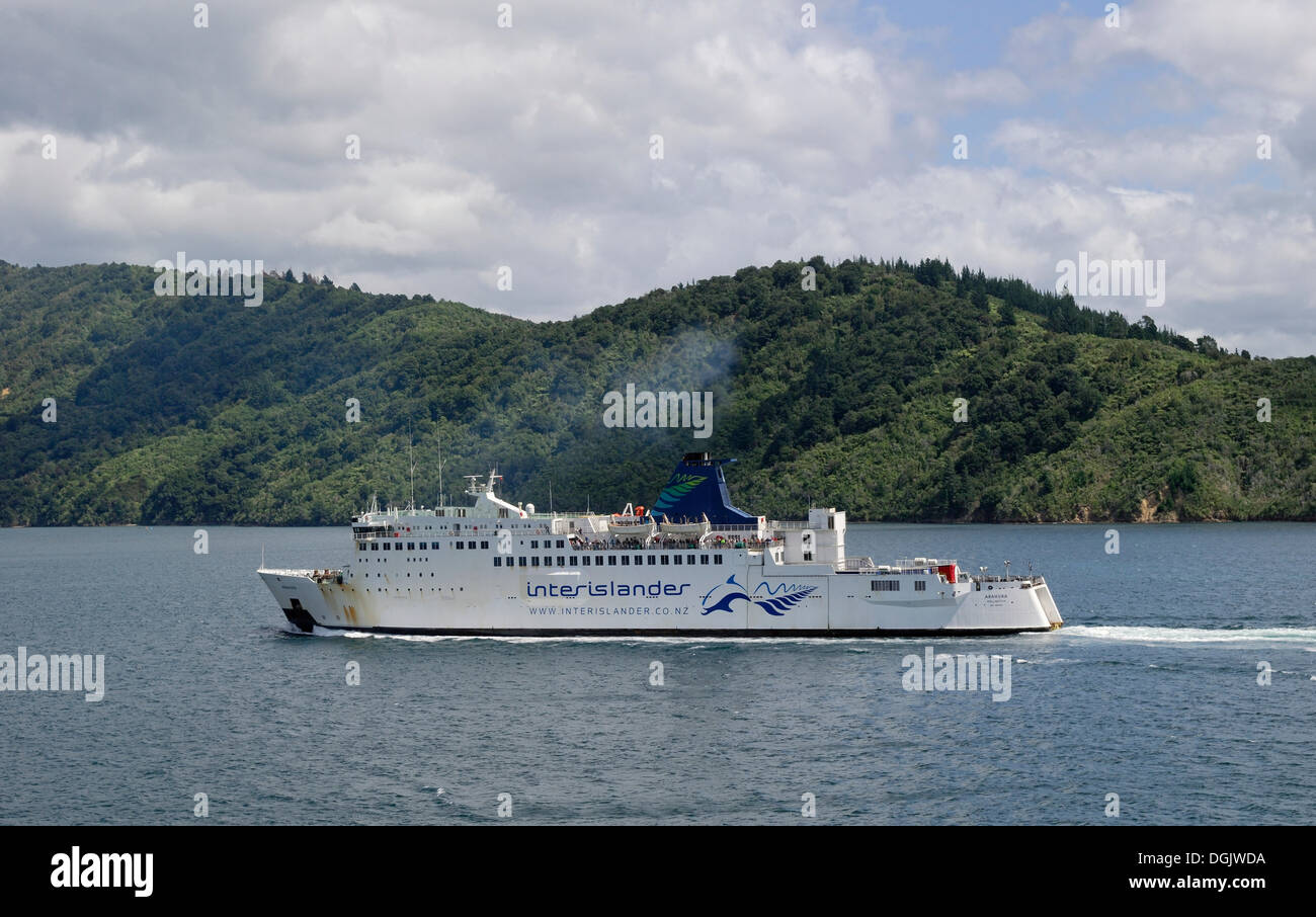 Ferry in Queen Charlotte Sound near Picton, South Island, New Zealand Stock Photo