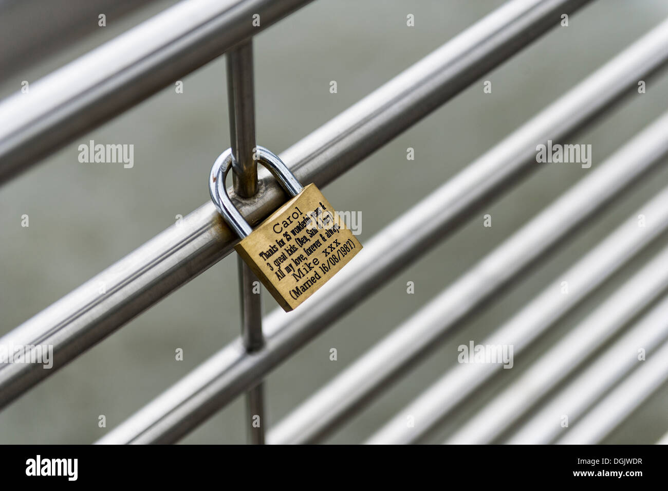 A love padlock attached to Hungerford Bridge in London. Stock Photo