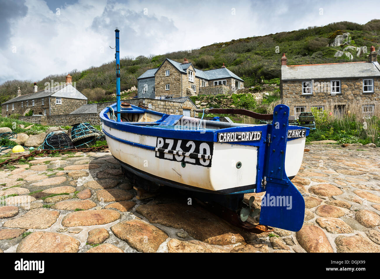 A fishing boat on the slipway at Penberth in Cornwall. Stock Photo