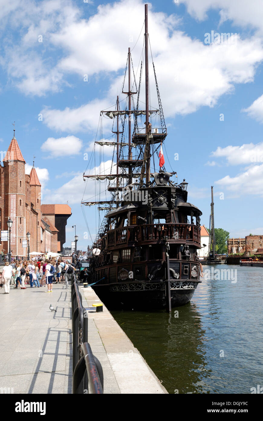 Historical Excursion boat on the Motlawa in the Long bridge in Gdansk. Stock Photo