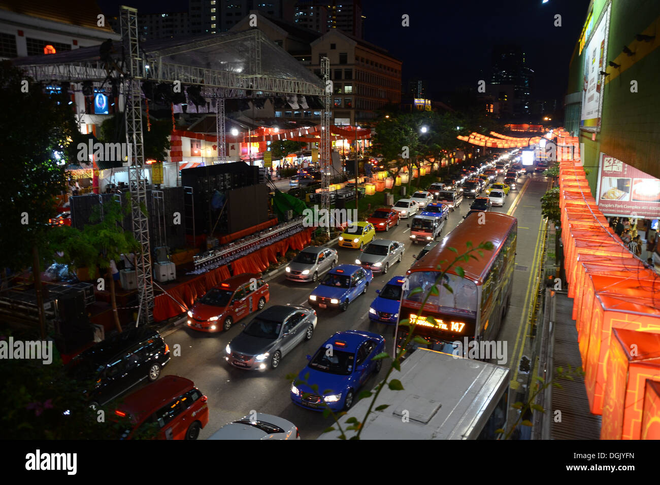 Traffic Jam in Chinatown in Singapore during Chinese New Year Stock