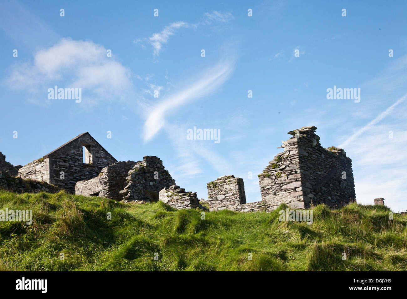 Cottage ruins on the abandoned island of Great Blasket  off the Dingle Peninsular Co. Kerry Stock Photo