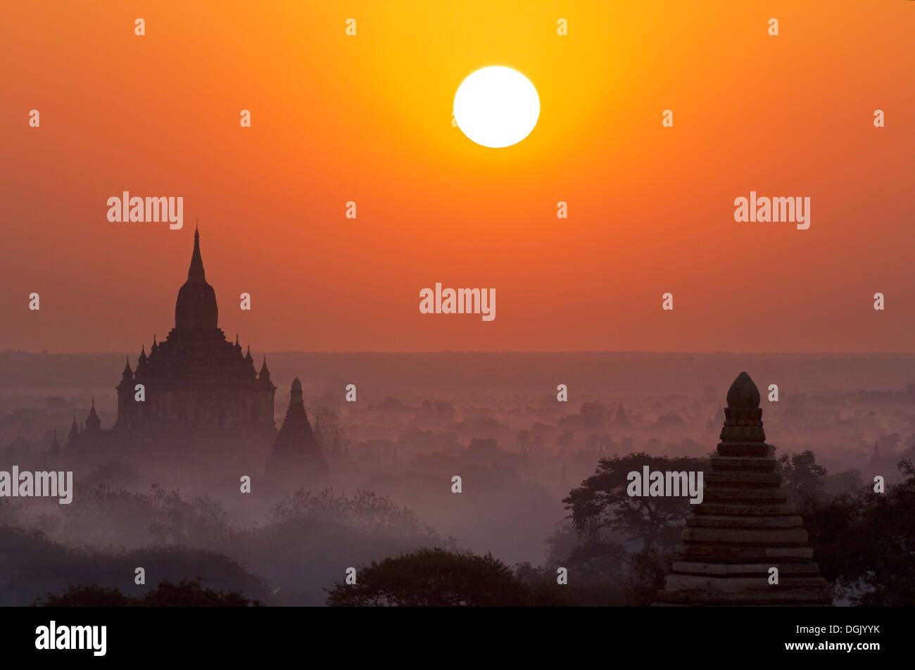 Sunrise over the pagodas of Bagan in Myanmar. Stock Photo