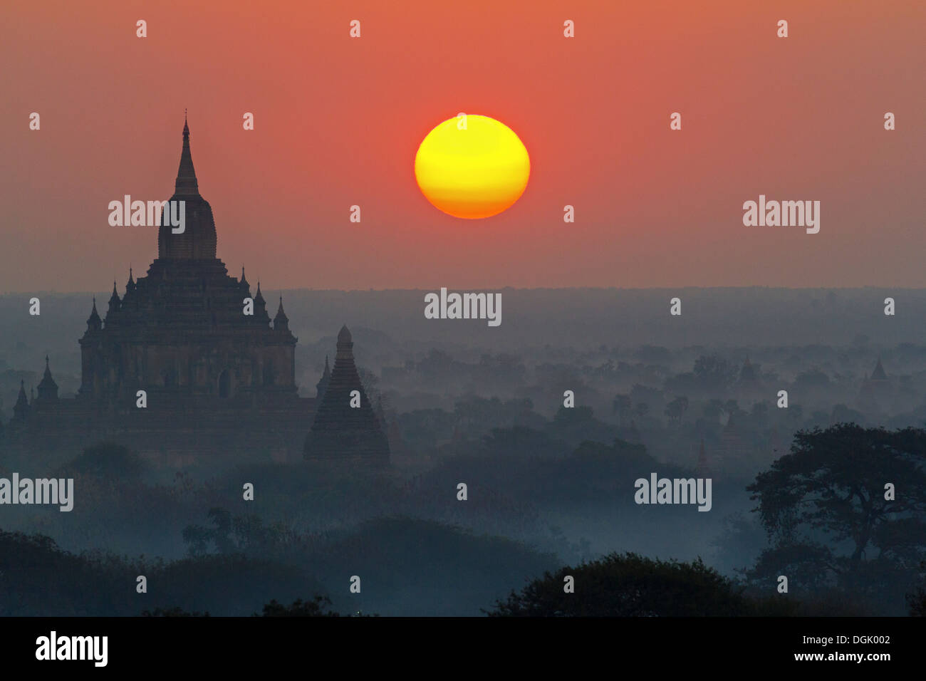 Sunrise over the pagodas of Bagan in Myanmar. Stock Photo