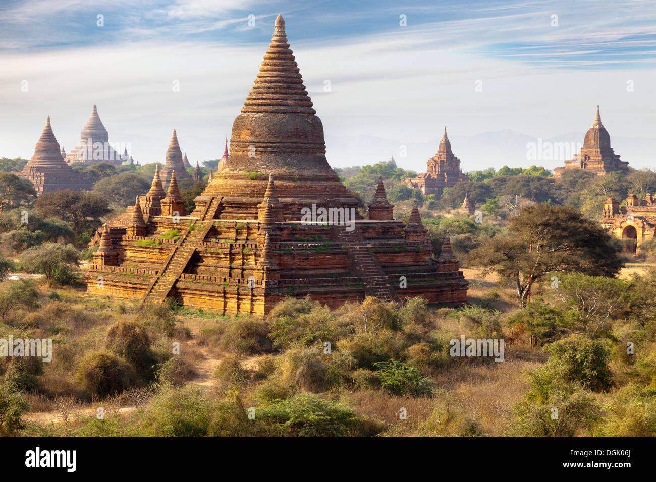 The Temples and Pagodas of Bagan in Myanmar in early morning. Stock Photo