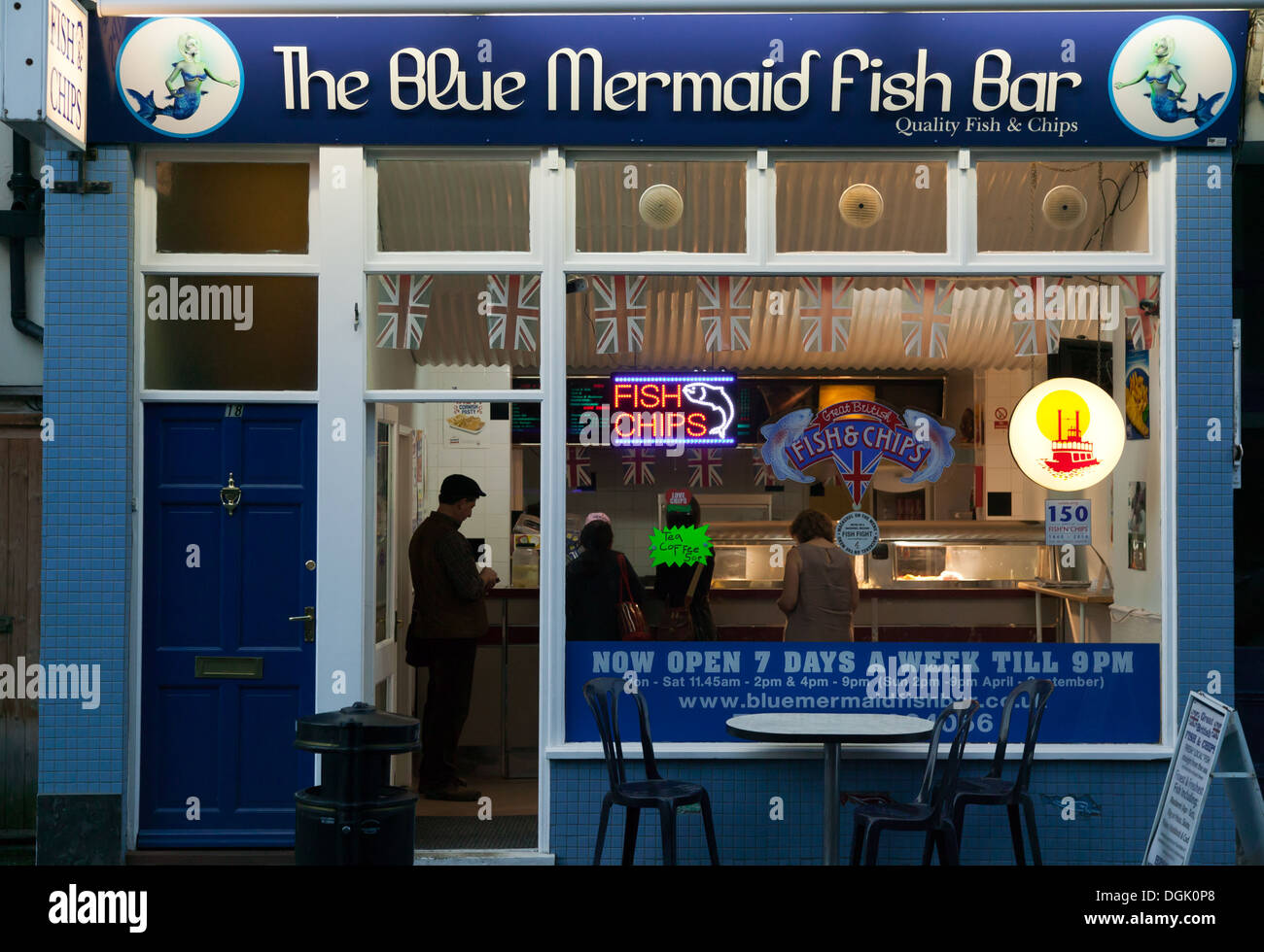 Dusk view of the Blue Mermaid fish Bar, Deal, Kent. Stock Photo