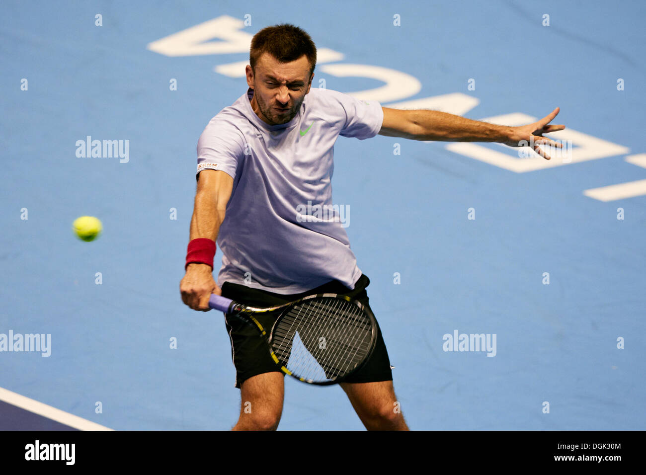 Valencia, Spain. 22nd Oct, 2013. Michael Przysiezny of Poland Plays a backhand to Fernando Verdasco of Spain during the Valencia Open 500 Tennis Tournament at the Agora Building Credit:  Action Plus Sports/Alamy Live News Stock Photo