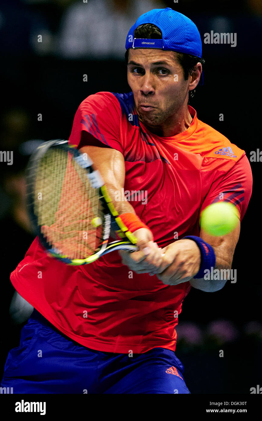 Valencia, Spain. 22nd Oct, 2013. Fernando Verdasco of Spain plays a double handed backhand to Michael Przysiezny of Poland during the game between Fernando Verdasco of Spain and Michael Przysiezny of Poland at the Valencia Open 500 Tennis Tournament at the Agora Building Credit:  Action Plus Sports/Alamy Live News Stock Photo