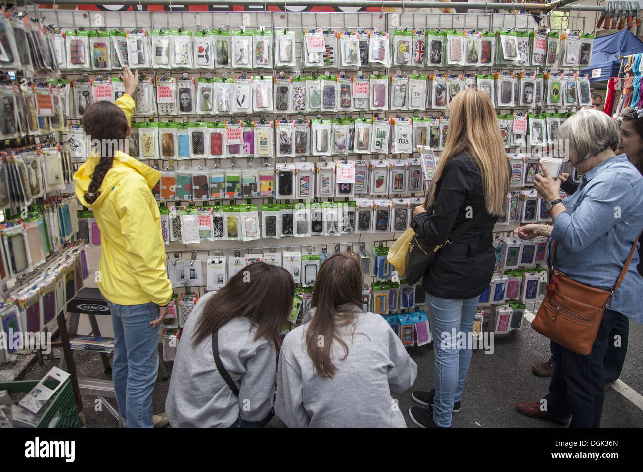 Cell phone cases and accessories are a huge business. Vendor, street fair Manhattan, NYC. Stock Photo
