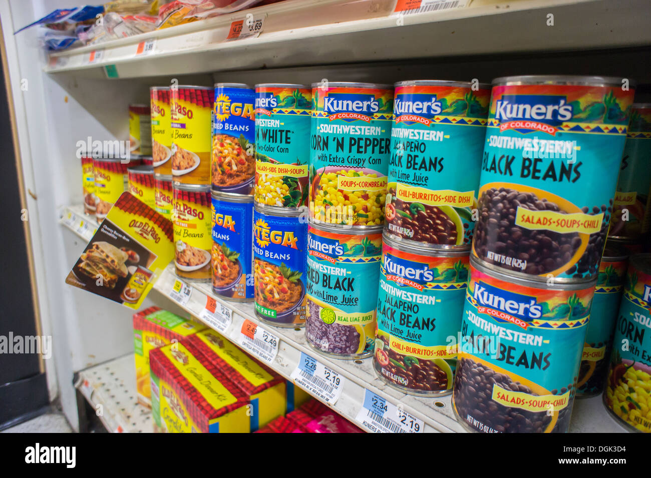 A display of Mexican canned beans in a supermarket in New York Stock