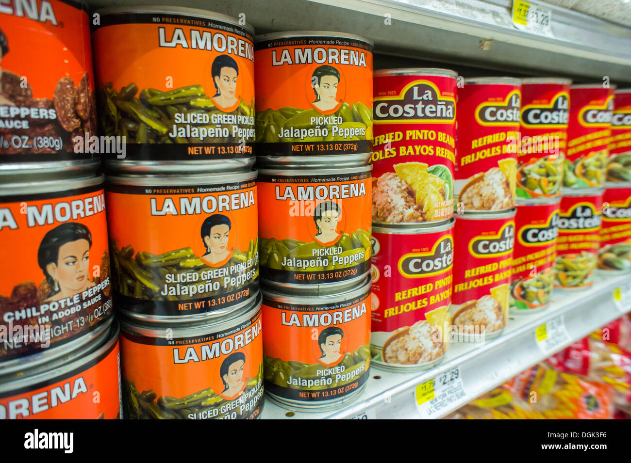 A display of Mexican canned peppers and beans in a supermarket in New