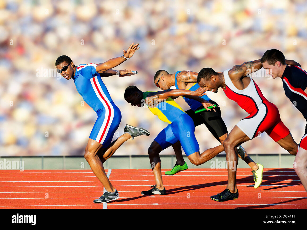 Five athletes running relay race stock photo alamy