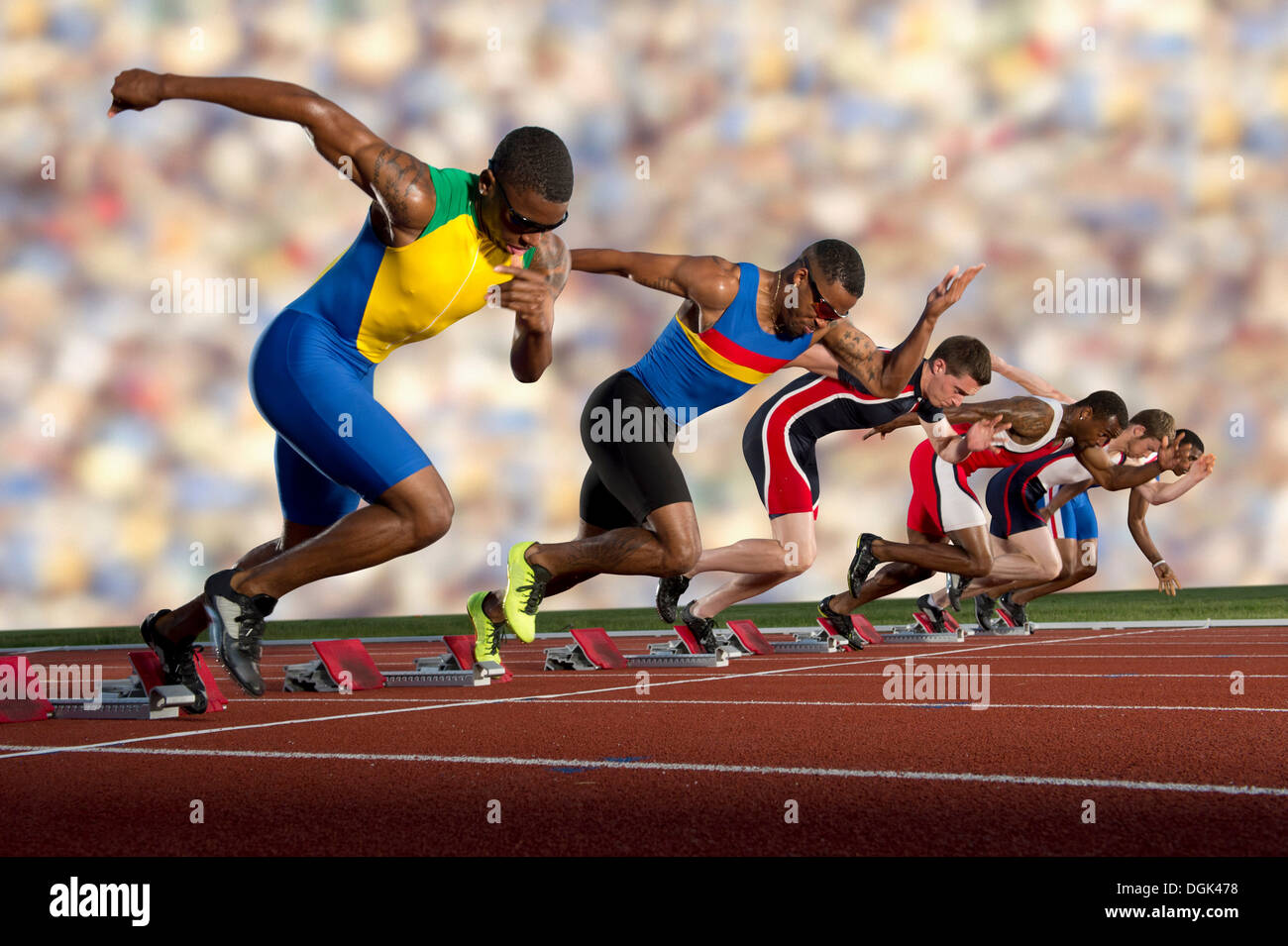 Six athletes starting race Stock Photo Alamy