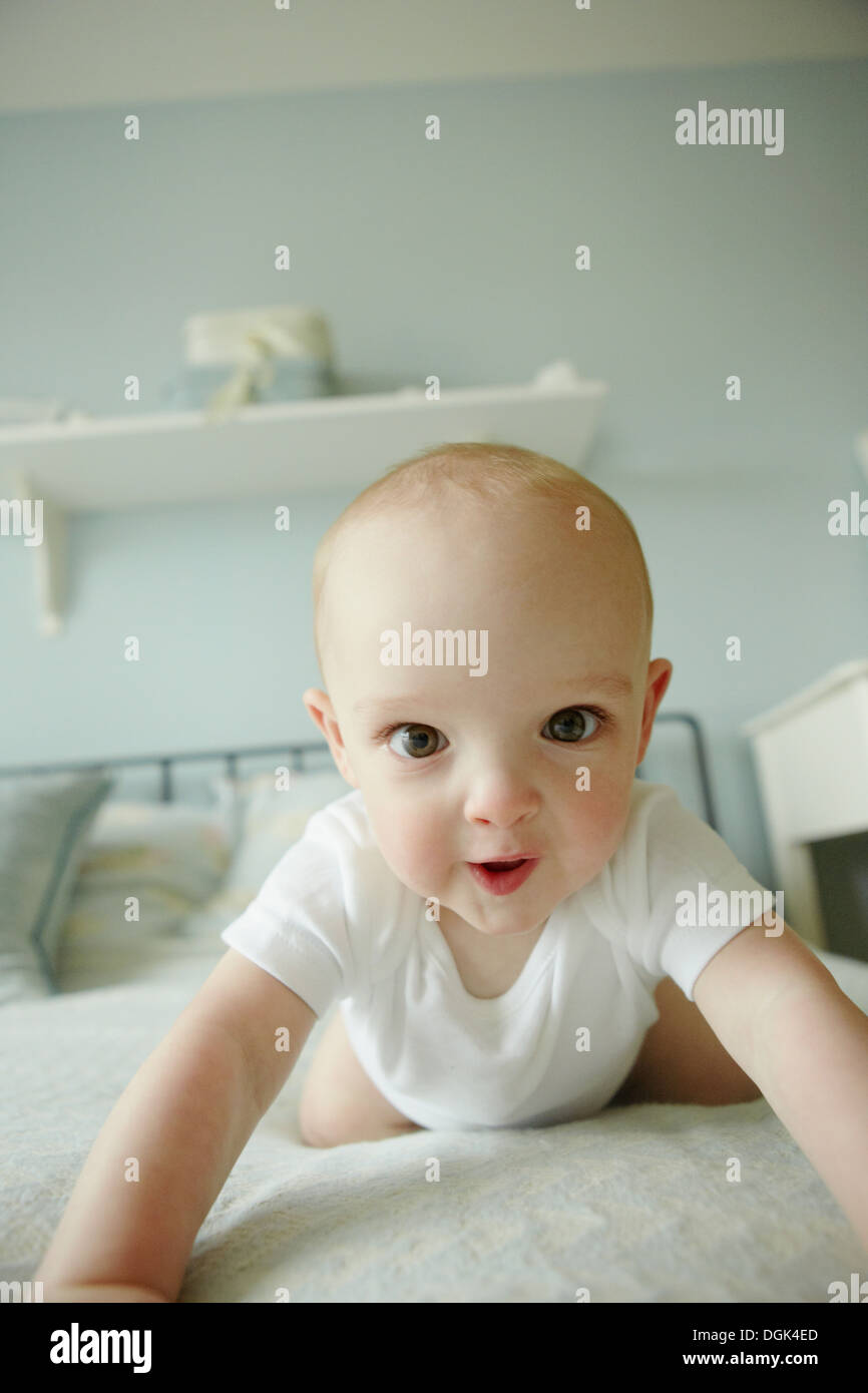 Baby boy crawling on bed Stock Photo Alamy