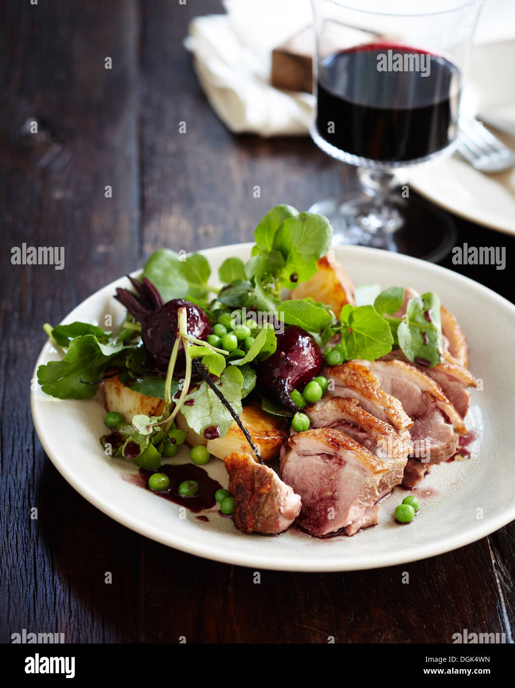 Duck salad with pinot jus and vegetables Stock Photo
