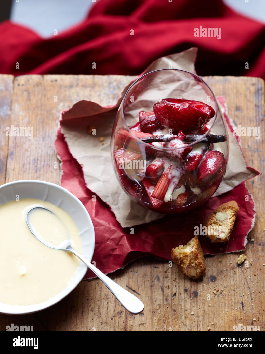 Rhubarb and blood plum custard Stock Photo