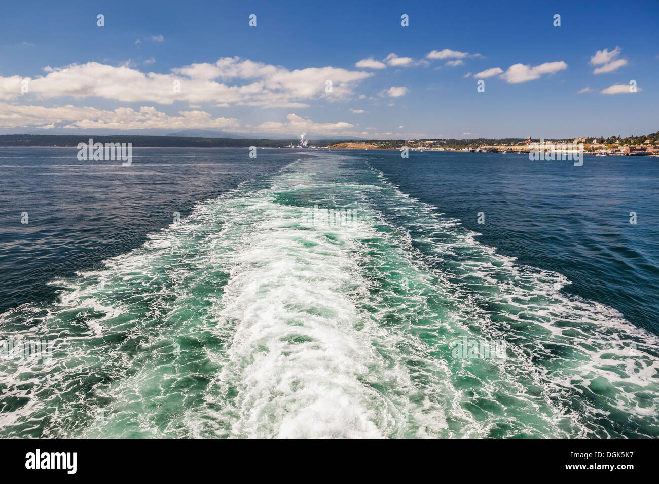 Wake left by ferry boat in Puget Sound, Washington Stock Photo