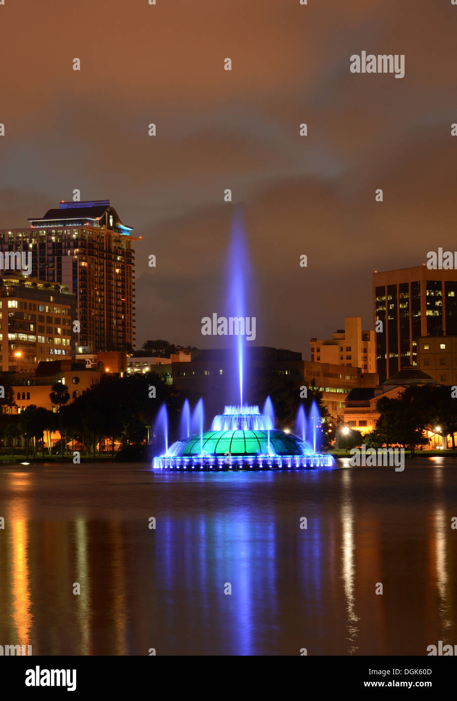 Lake Eola and fountain with Orlando, Florida skyline at dusk. Stock Photo