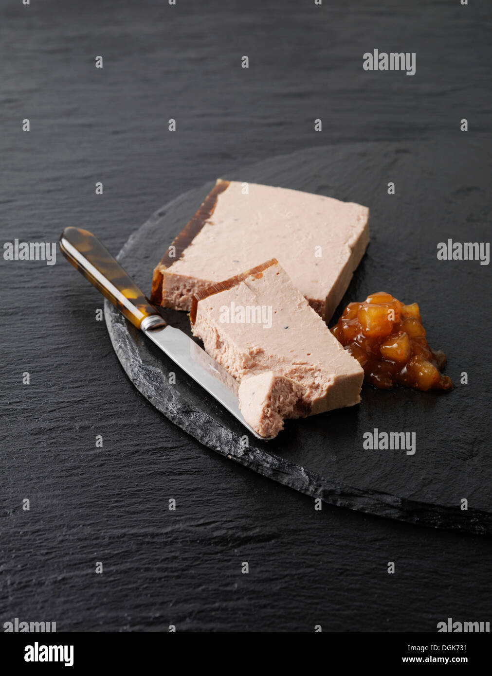 Duck liver pate with roasted shallots in balsamic vinegar Stock Photo