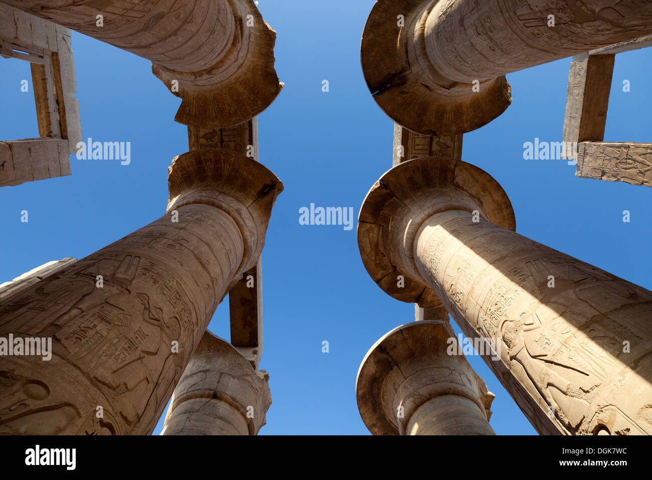 Looking upwards at the pillars at Karnak. Stock Photo