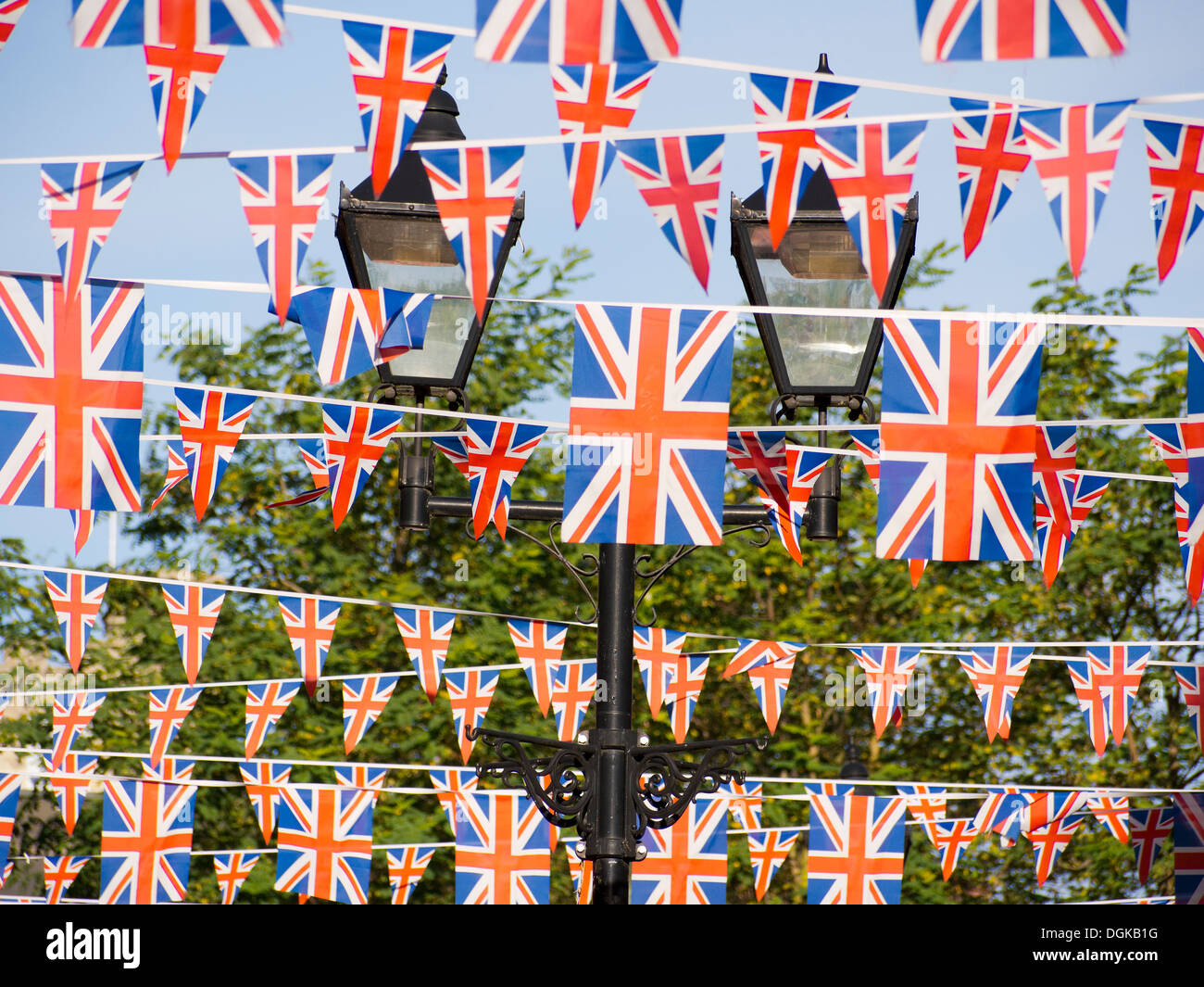 Union flags with bunting and lanterns decorate St. Ebbes Street in Oxford. Stock Photo