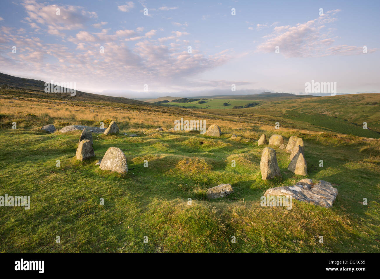 Early morning sunrise at Nine Maidens stone circle, Belstone. Dartmoor National Park Devon Uk Stock Photo