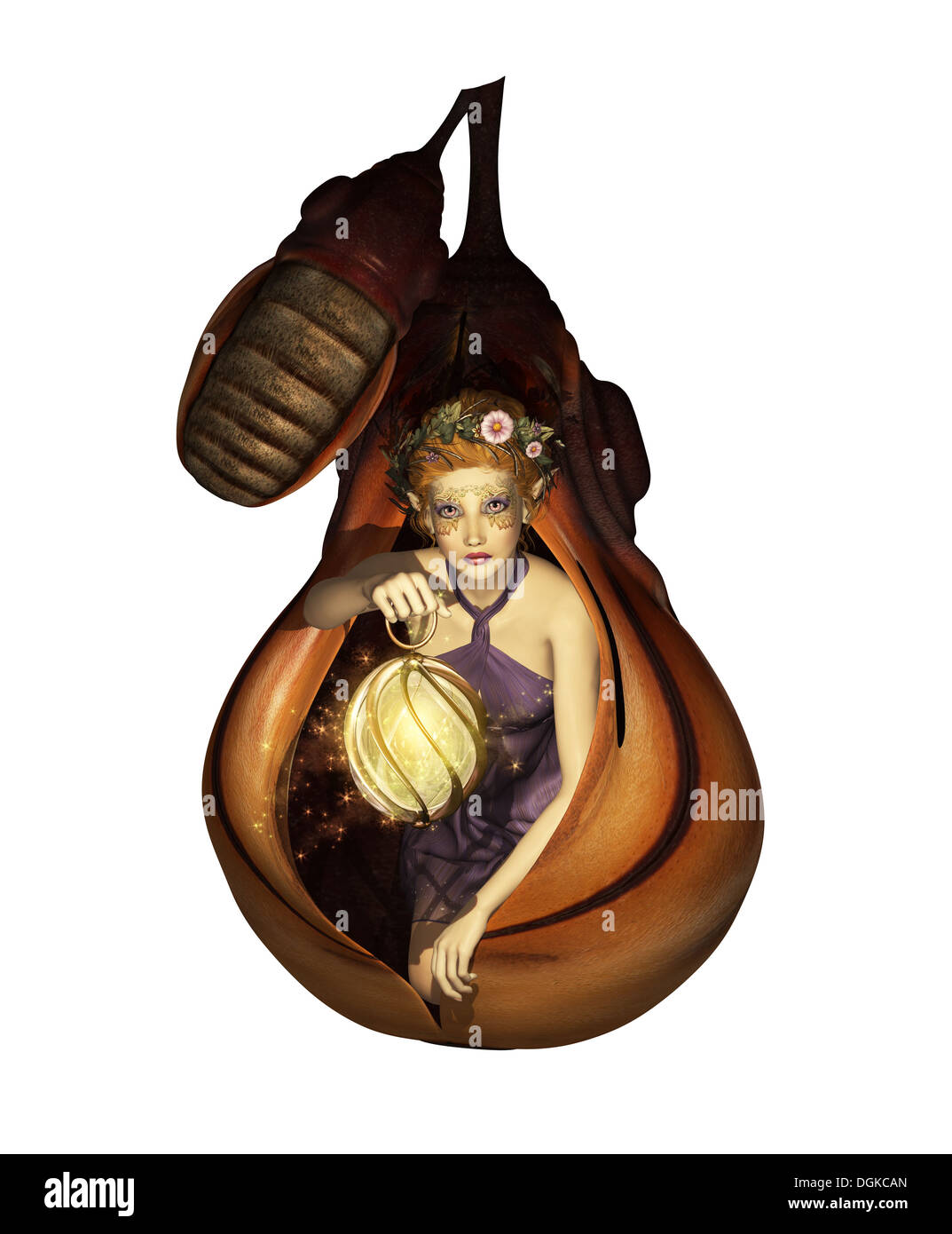 3d computer graphics of a female elf sitting with a lantern in a cocoon Stock Photo