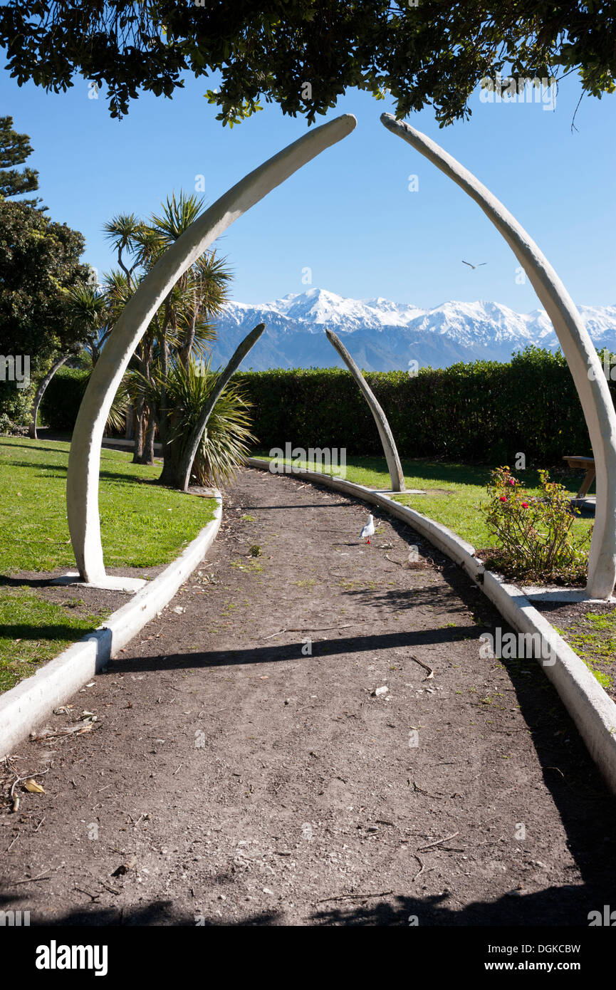 The war memorial gardens, with whale bone arches, Kaikoura, New Zealand. Stock Photo