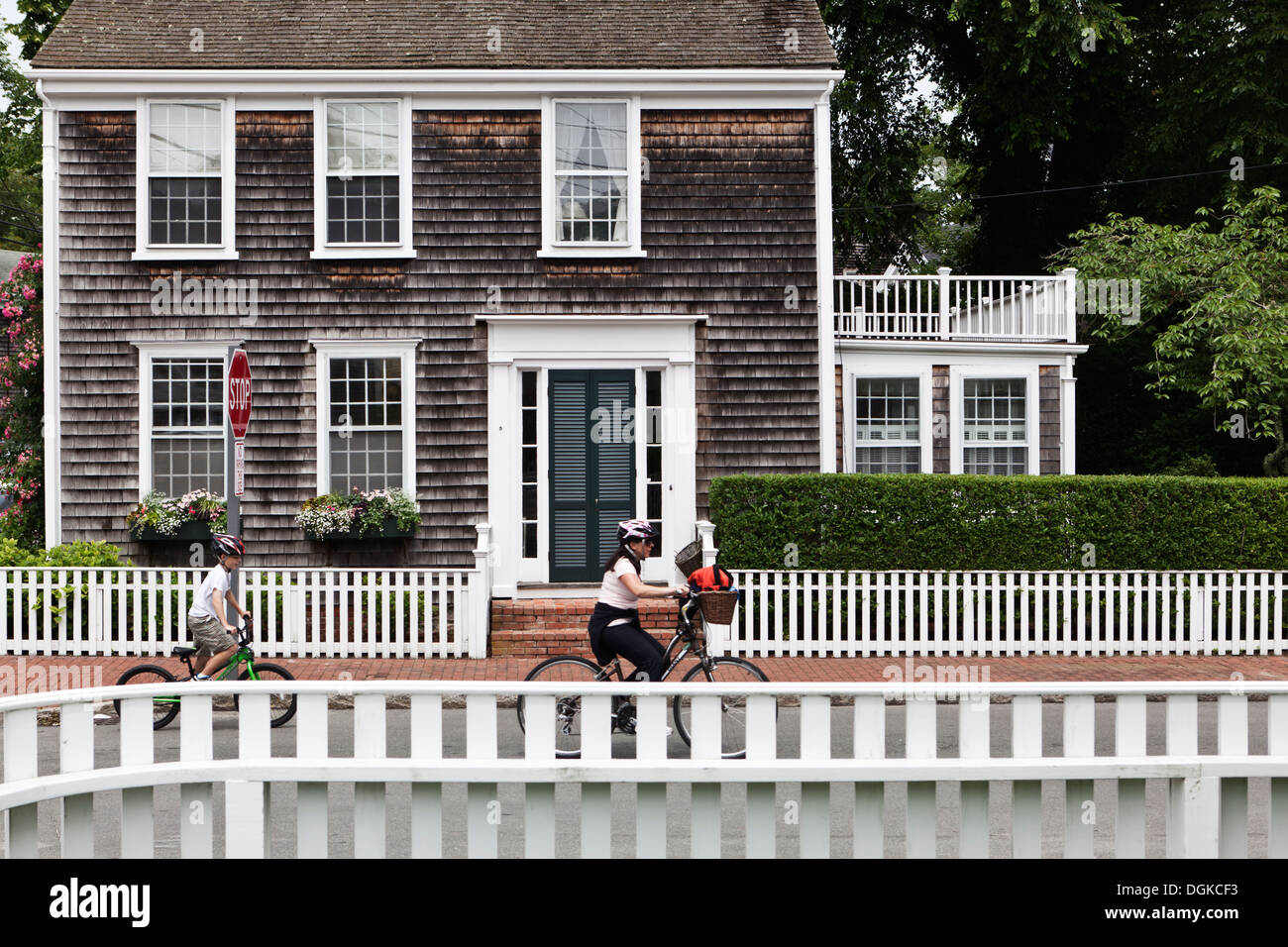 Cyclists in Nantucket Town. Stock Photo