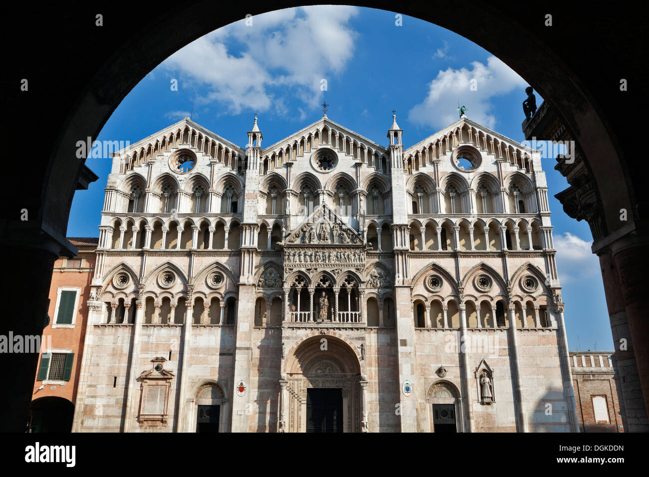 Main triple facade of the Cathedral in Ferrara. Stock Photo