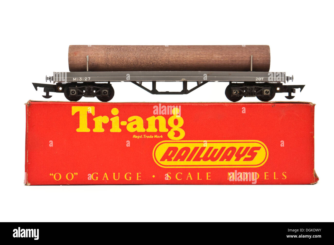 Vintage 1950's boxed Tri-ang Railways (R212) bogie bolster wagon with log load Stock Photo