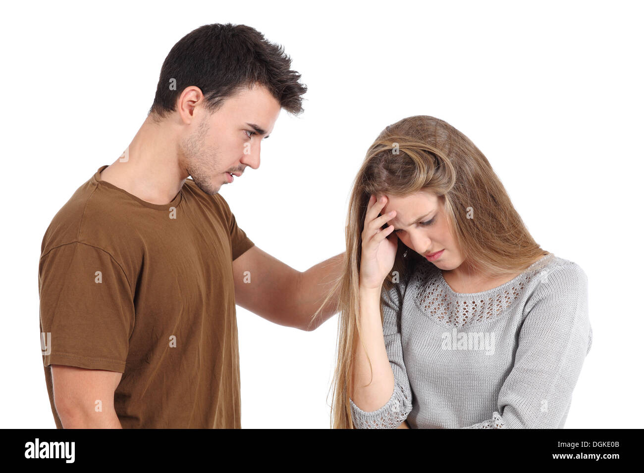 Man comforting to a woman isolated on a white background Stock Photo