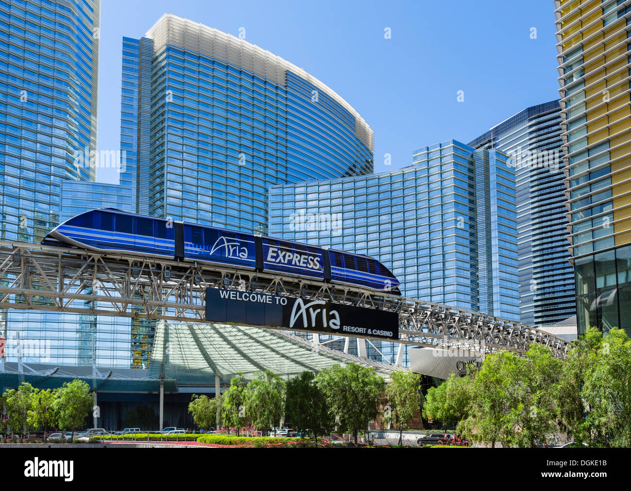 The Aria Express monorail in front of the Aria Resort and Casino, Las Vegas, Nevada, USA Stock Photo