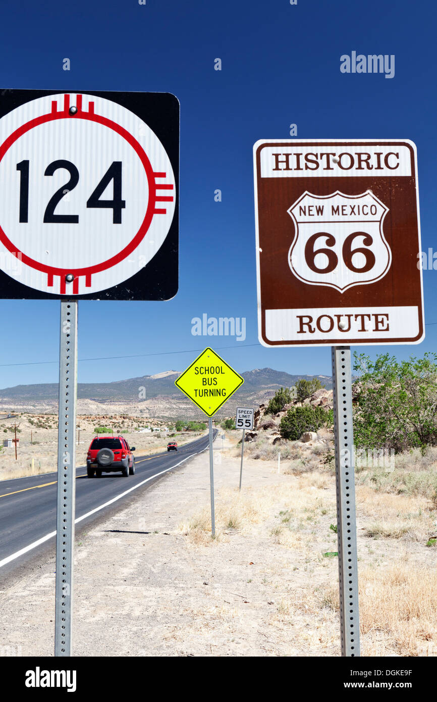 Road signs along the roadside on old Route 66 near Grants in New Mexico. Stock Photo