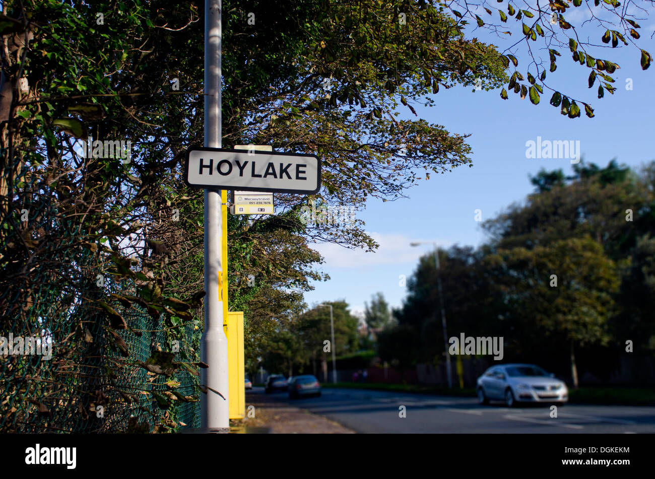 Road sign for Hoylake on the Wirral, Merseyside. The Royal Liverpool Golf Club is the venue for 2014 Open Golf  Championship Stock Photo