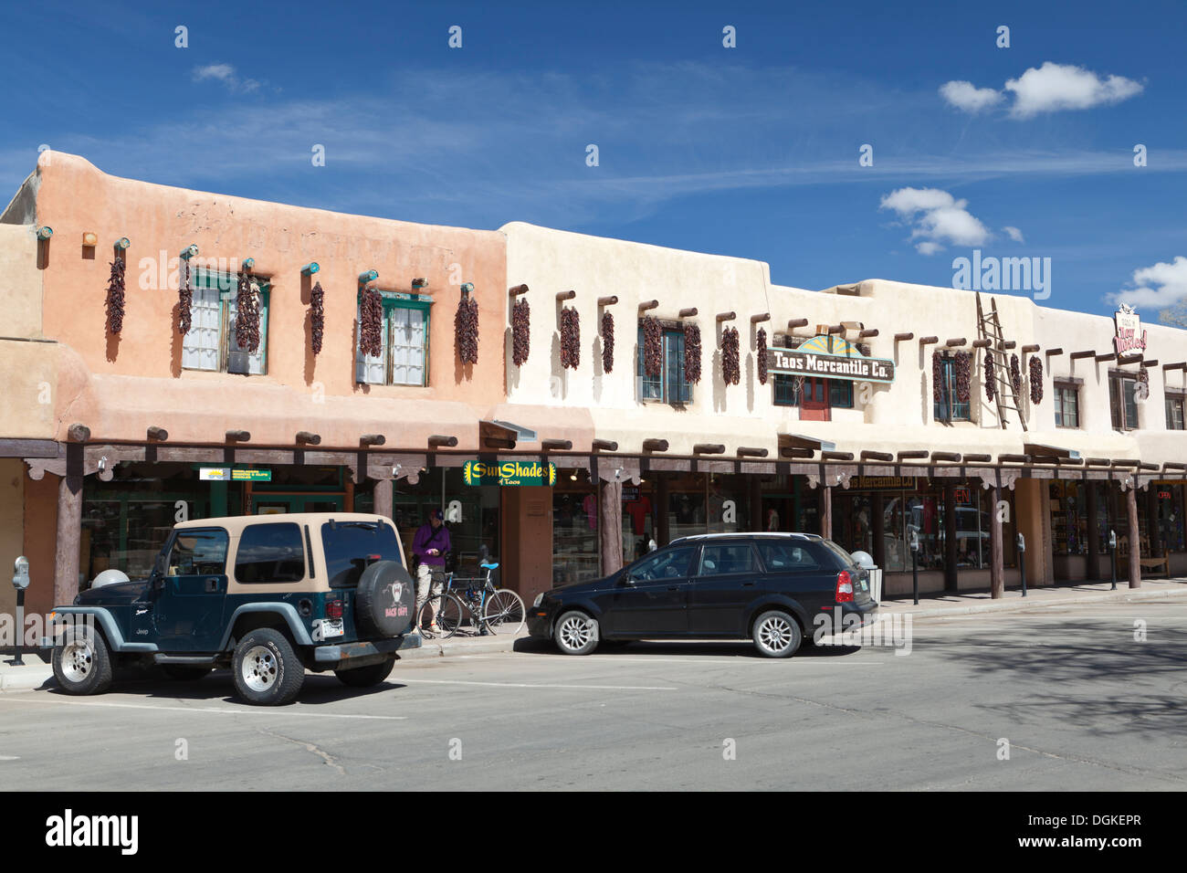 Adobe store fronts in the town plaza. Stock Photo