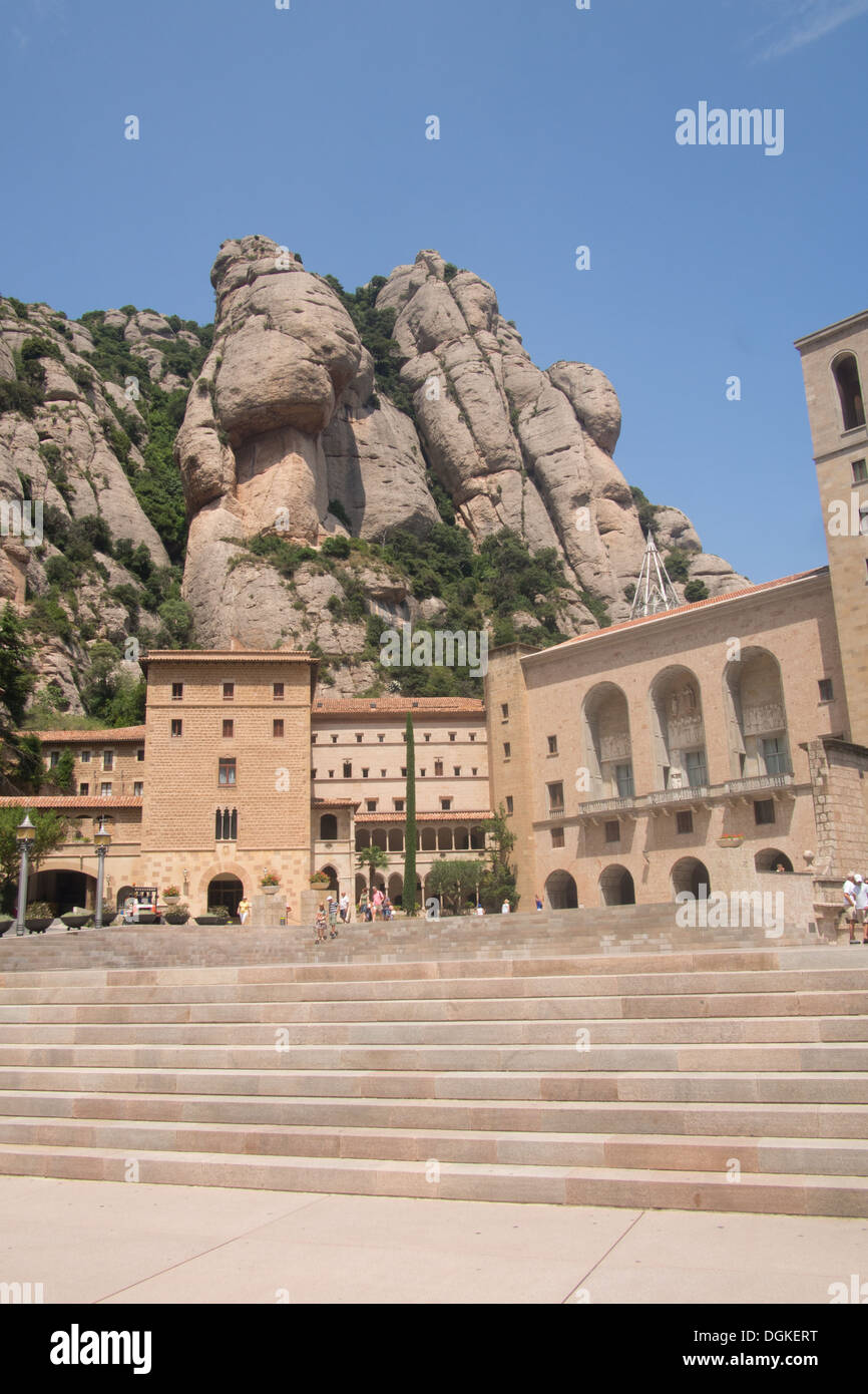 Montserrat mountain including the Benedictine Abbey "Santa Maria de Montserrat", Catalonia, Spain. Stock Photo